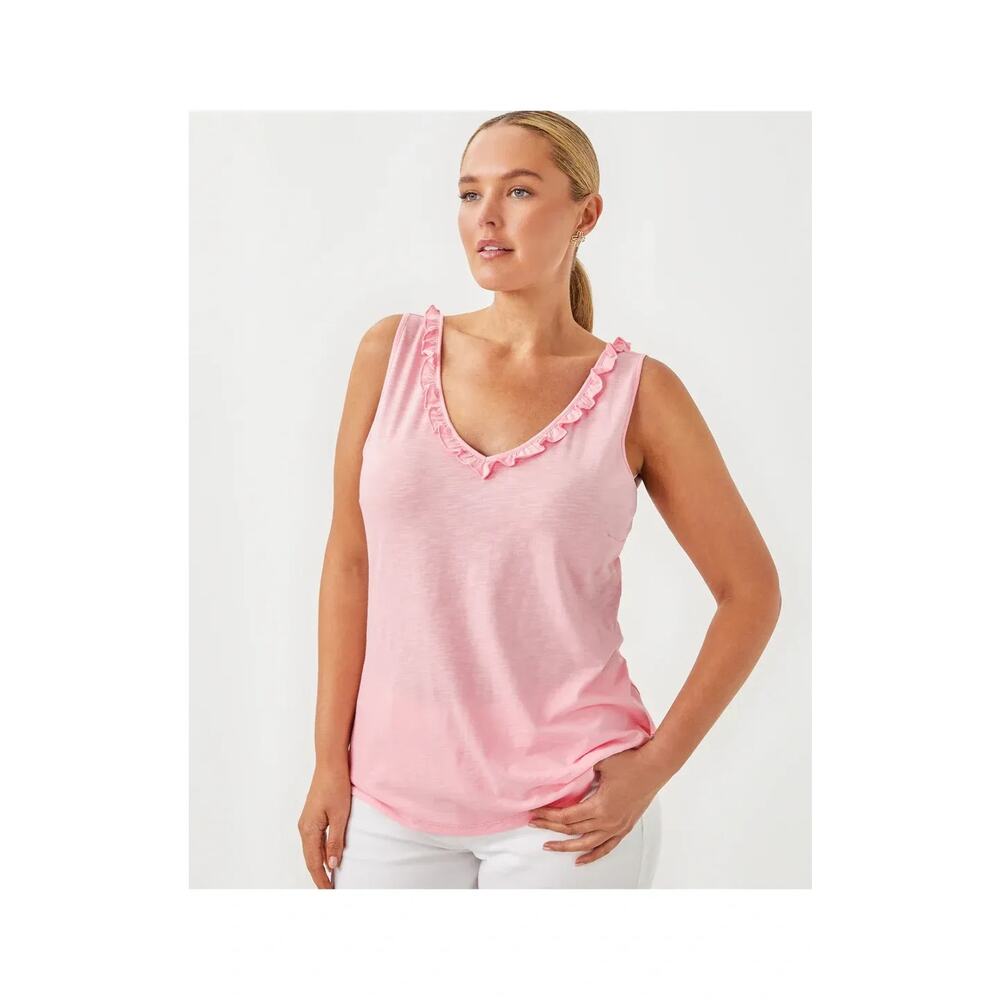 Lilly Pulitzer Tank Top Size XL Pink Ruffle V-Neck Cotton Lightweight Shirt Top